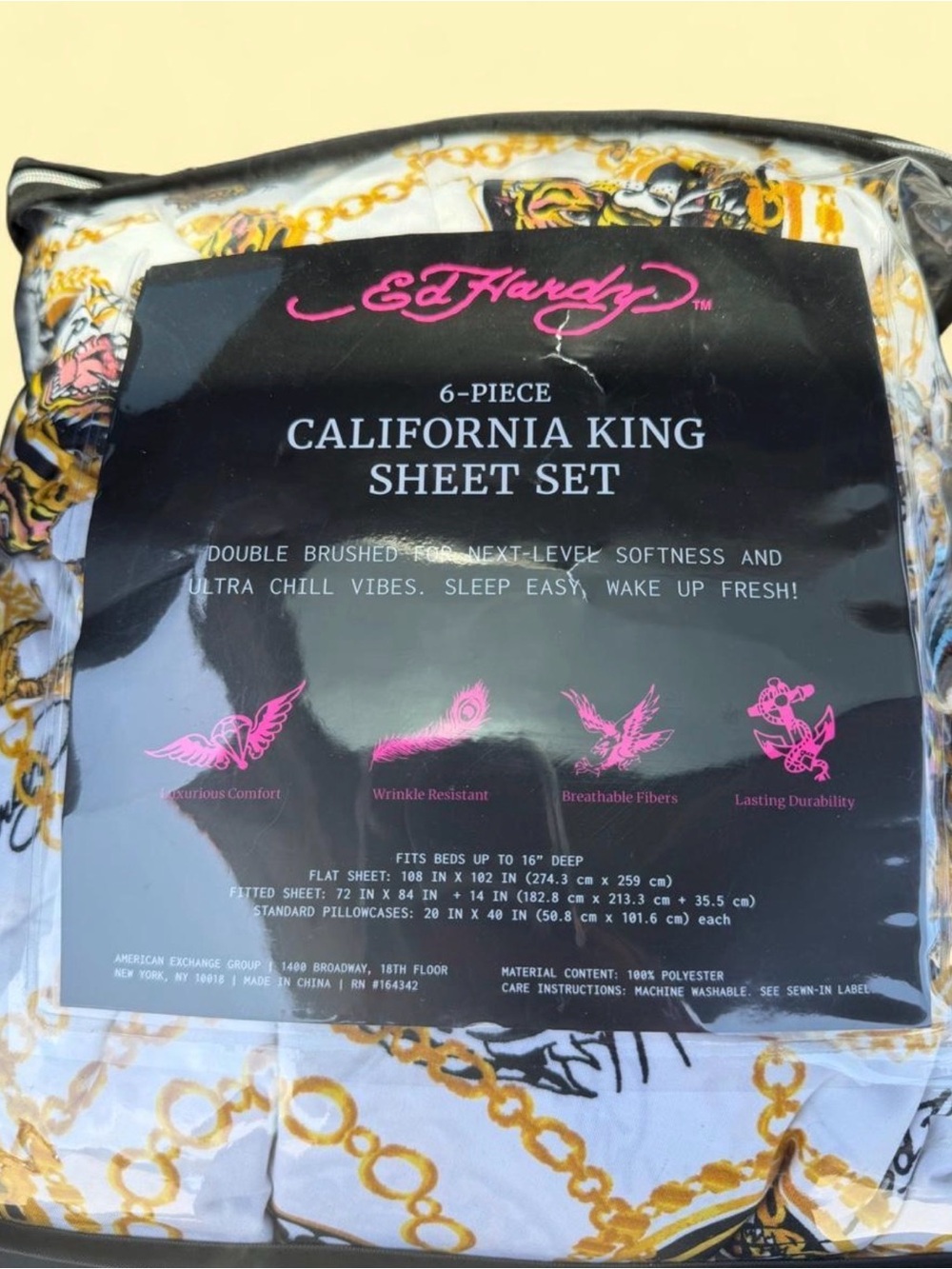 Ed Hardy California King Sheet Set in White with Gold Chain Motif